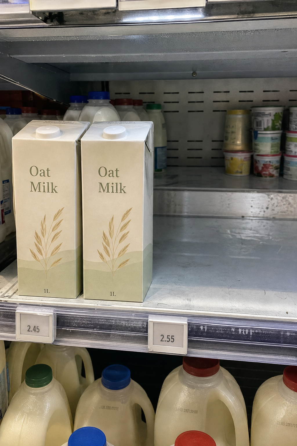 Two cartons of oat milk on a grocery shelf beside an empty gap